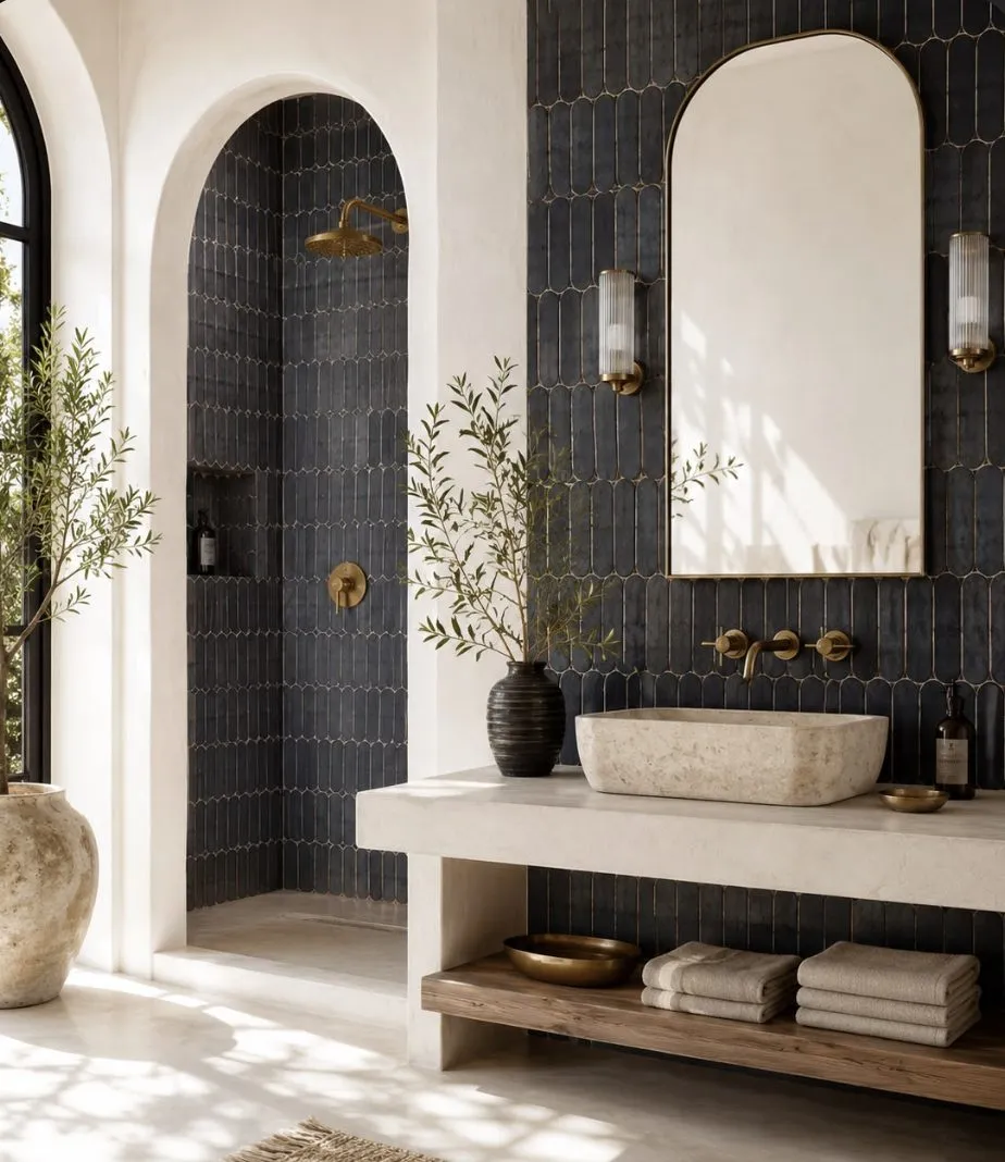 Renovated bathroom with tile set flat and a frameless glass enclosure